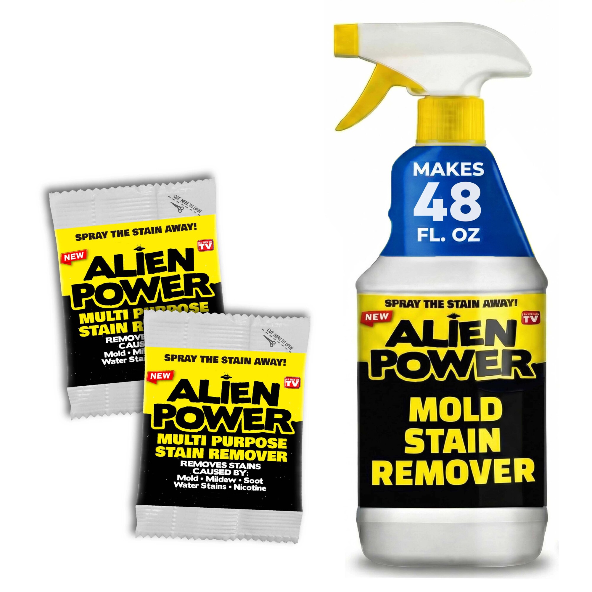 BELL + HOWELL Alien Power Stain Remover Spray for Mold and Mildew- For Bathroom and Household Surfaces- All Purpose No-Scrub Cleaner for Tiles- Wall- Grout and Washing Machines - 2 Packet Set (Makes 48 Fl Oz)